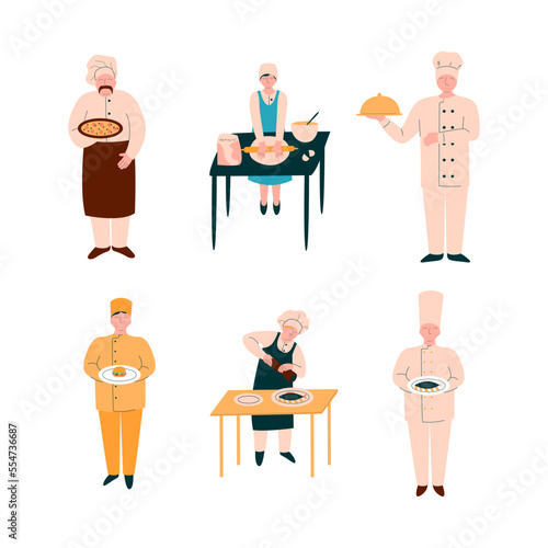 Chef Character in Apron and Toque Preparing Food at Restaurant Kitchen Vector Set