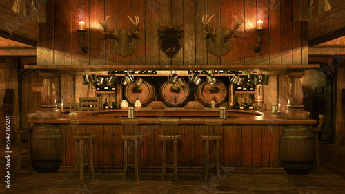 Fotografia Medieval tavern bar with barrels of ale, cider and mead lit by candlelight