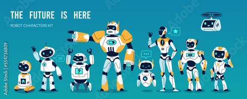 Cartoon robot characters. Funny futuristic toys, different type cyborgs, humanoid mechanical bots, cute childish androids, robotic mechanism, Artificial Intelligence tidy vector cartoon set