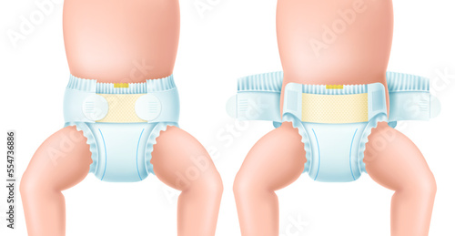 Changing diapers steps. Newborn baby body, kids absorbic cotton panties usage instructions, velcro fasteners, children skincare, hygiene product, 3d isolated object utter vector concept