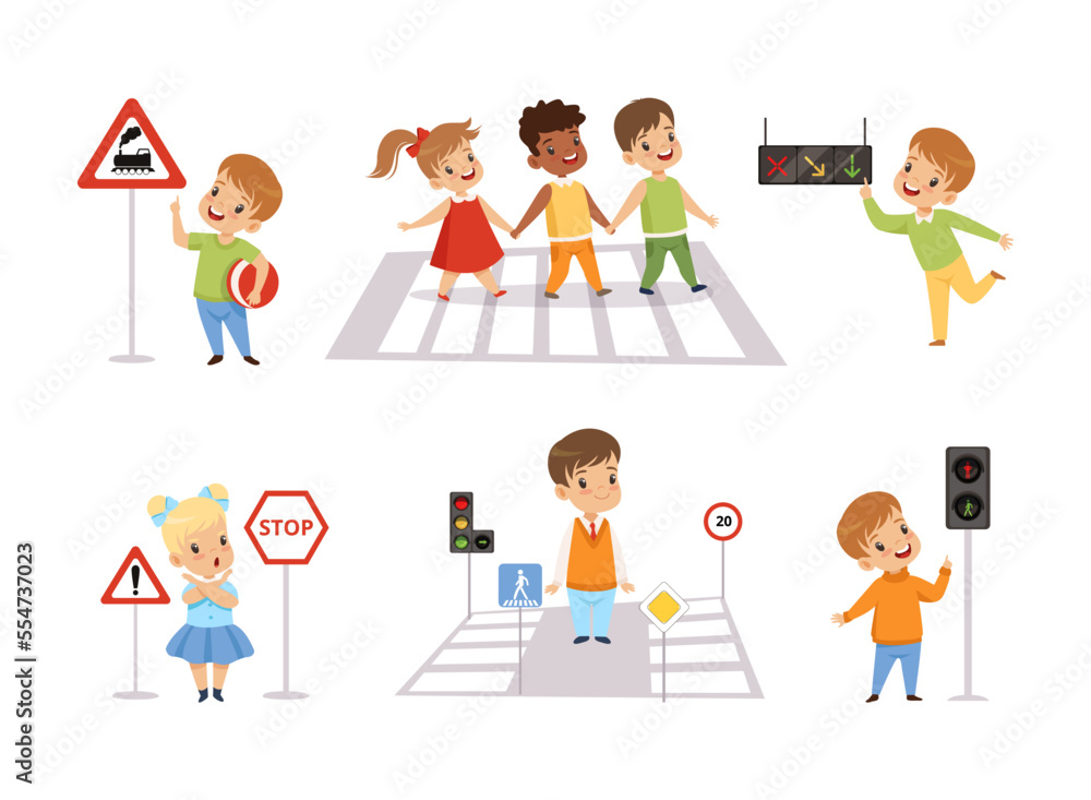 Little Kid Pedestrian Learning Road Sign and Traffic Rule Vector Set Little Kid Pedestrian Learning Road Sign and Traffic Rule Vector Set