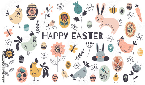 Happy easter cartoon elements. Decorative religious holiday objects, painted eggs, cute chickens, funny bunnies, hand drawn spring flowers and leaves, isolated festive decor, tidy vector set