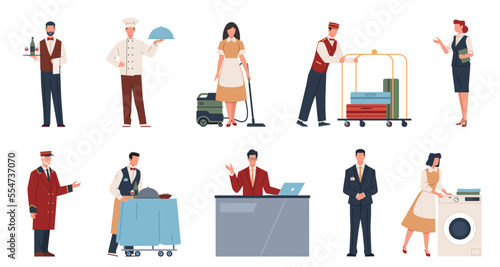 Hotel staff. Professionals in uniforms, hotel business employees, porter, receptionist, housemaid and waiter character, cook and manager, standing people nowaday vector cartoon flat set