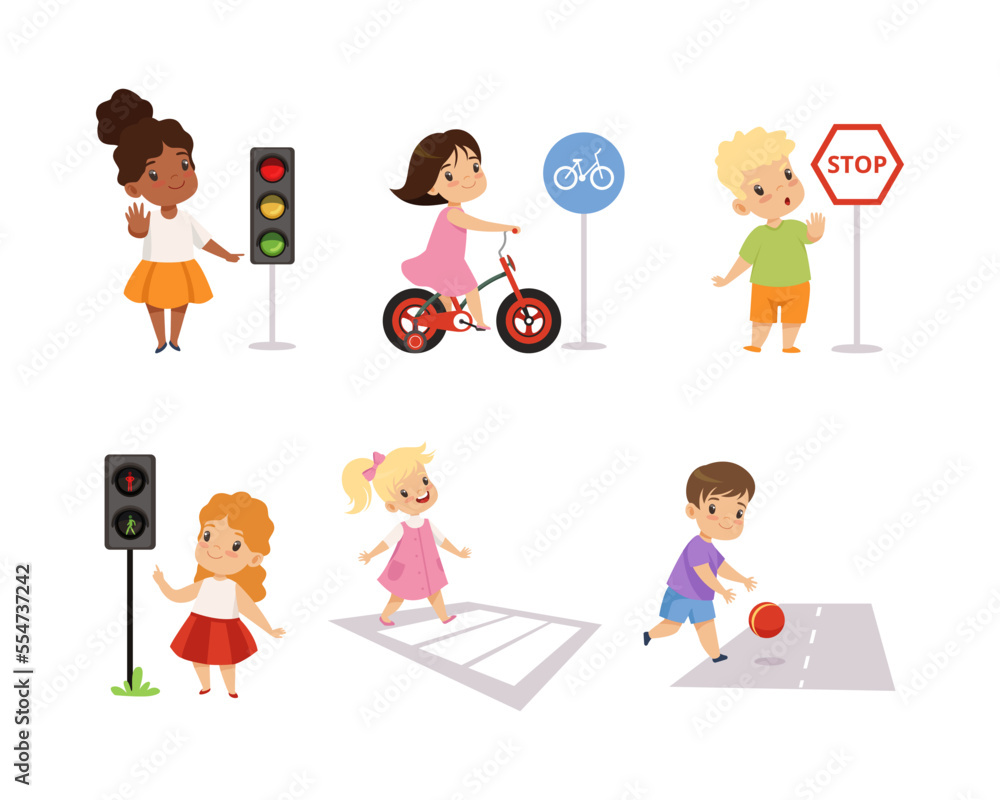 Little Kid Pedestrian Learning Road Sign and Traffic Rule Vector Set Little Kid Pedestrian Learning Road Sign and Traffic Rule Vector Set