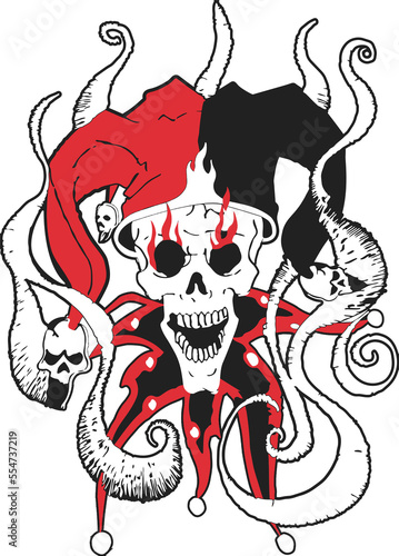 illustrated demonic laughing jester skull dressed in black and red with flames coming from it's eye sockets