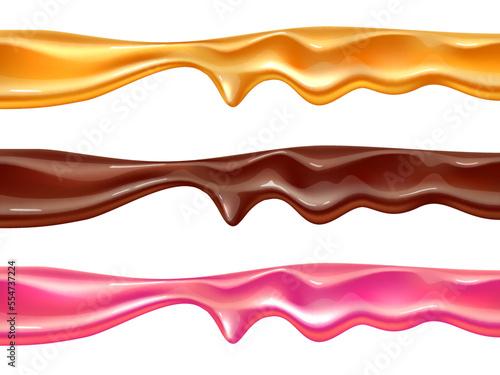 Melt color caramel borders. Realistic candy viscous mass, fluid sweet smudges, donuts pink sugar glaze, chocolate topping and honey, decorative frame, delicious confectionery utter vector set