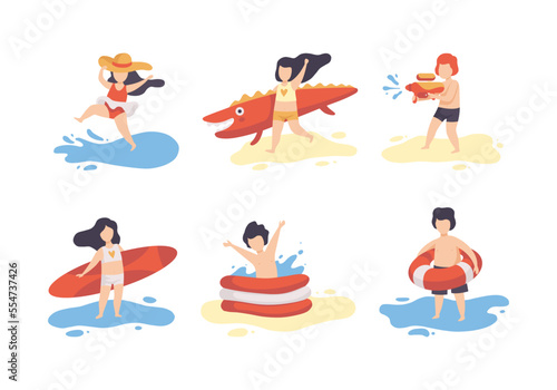 Little Boy and Girl Having Vacation at Sea Splashing in Water and Having Fun Vector Set