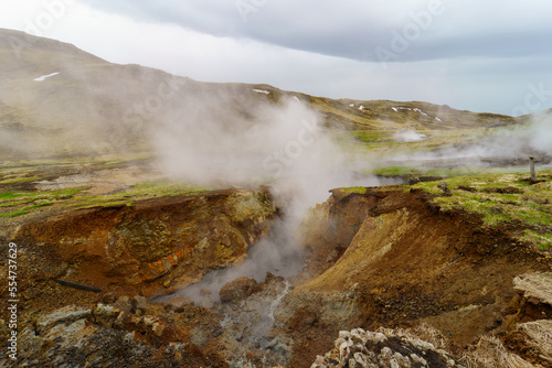 field with hot steam vent in iceland