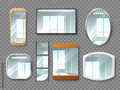 Realistic mirrors. Different shapes isolated reflective glossy glasses in metal and wooden frames, wall mounted interior hanging objects, 3d elements on transparent background, utter vector set