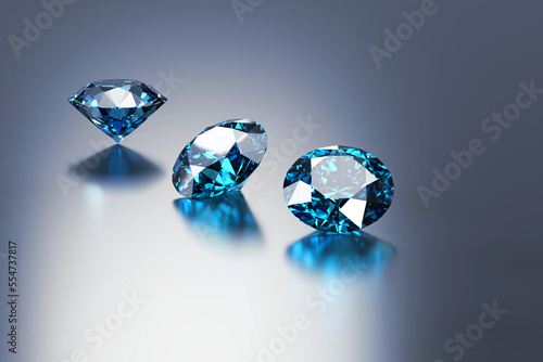 Group of Blue diamond sapphire placed on glossy background 3d rendering