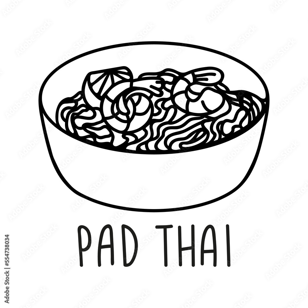 Pad thai noodle bowl in hand drawn doodle style. Asian food for restaurants menu Pad thai noodle bowl in hand drawn doodle style. Asian food for restaurants menu