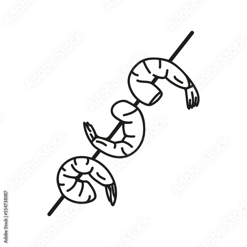Fried shrimp skewer in hand drawn doodle style. Asian food for restaurants menu