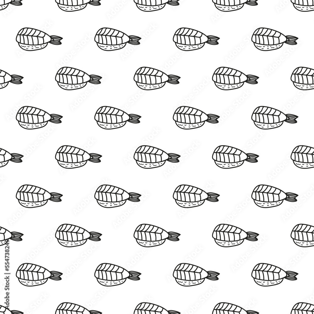 Japanese ebi nigiri seamless pattern in hand drawn doodle style. Asian food for restaurants menu