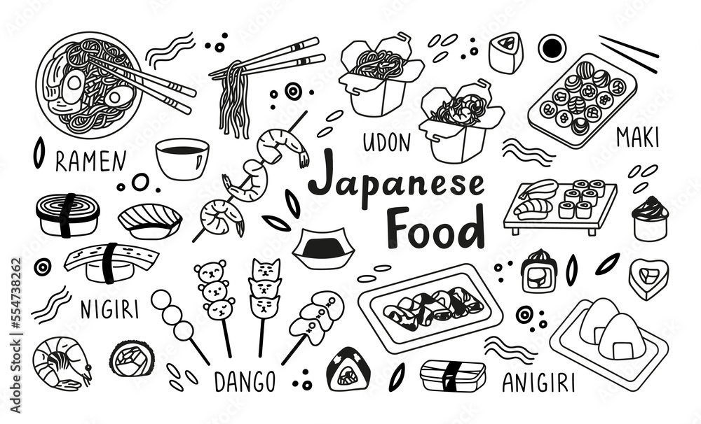 Big collection Japanese food in hand drawn doodle style. Asian food for restaurants menu