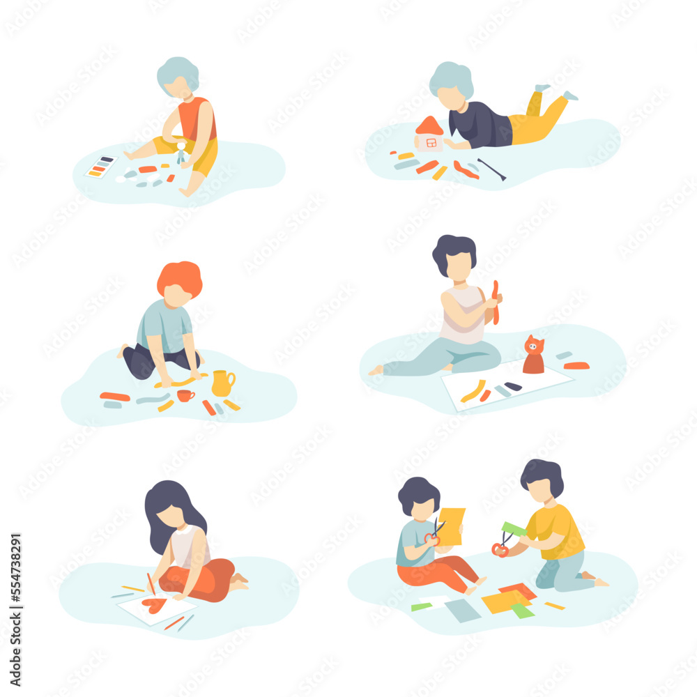 Creative Boy and Girl Modeling from Plasticine, Drawing on Paper and Making Applique Vector Set Creative Boy and Girl Modeling from Plasticine, Drawing on Paper and Making Applique Vector Set