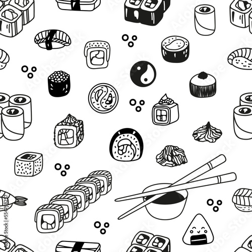 Japanese sushi roll set seamless pattern in hand drawn doodle style. Asian food for restaurants menu
