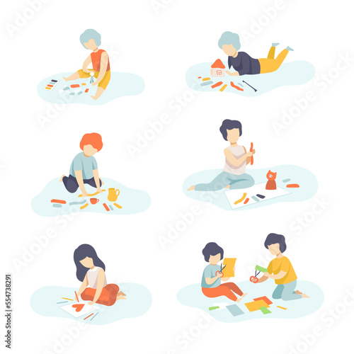 Creative Boy and Girl Modeling from Plasticine, Drawing on Paper and Making Applique Vector Set