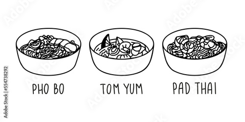Tom yum, Pho Bo soup bowl, Pad thai in hand drawn doodle style. Asian food for restaurants menu