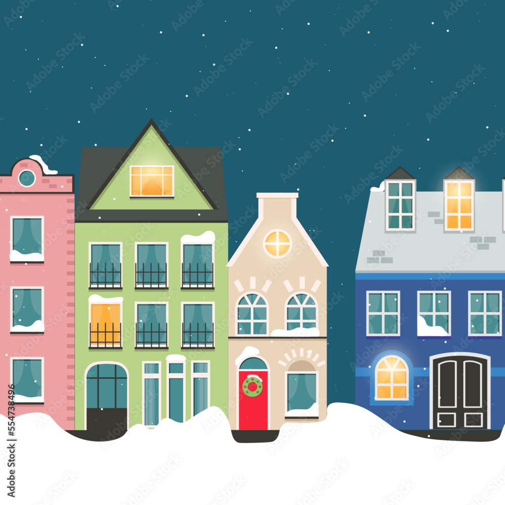 scandinavian houses in winter. snowy city. flat design vector illustration