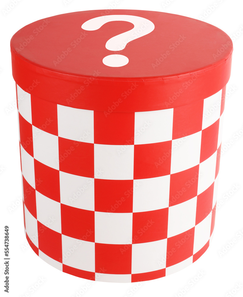 Mysterious cardboard red white squares box closed with question mark