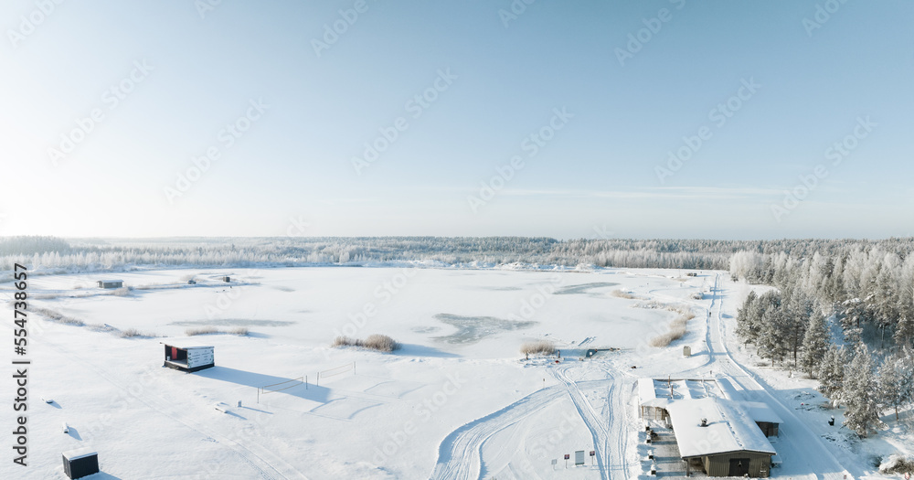 Fototapeta premium Forest in snow. Aerial view of a winter woods Snowy tree branch in a view of the winter forest