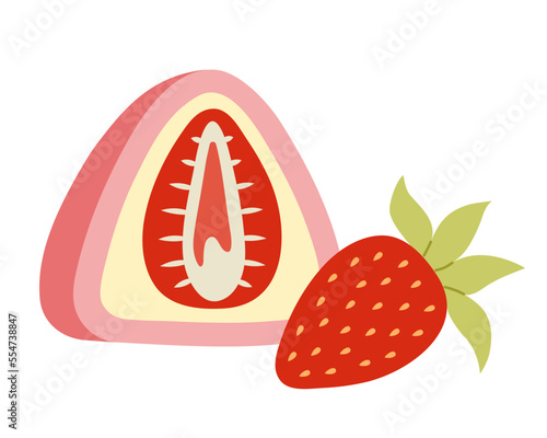 Strawberry Mochi (Ichigo Daifuku). Traditional japanese dessert. Asian sweet food. Flat vector illustration isolated on white background.