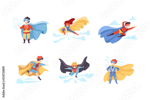 Little Boy and Girl in Superhero Cloak and Mask Having Superpower Flying Vector Set