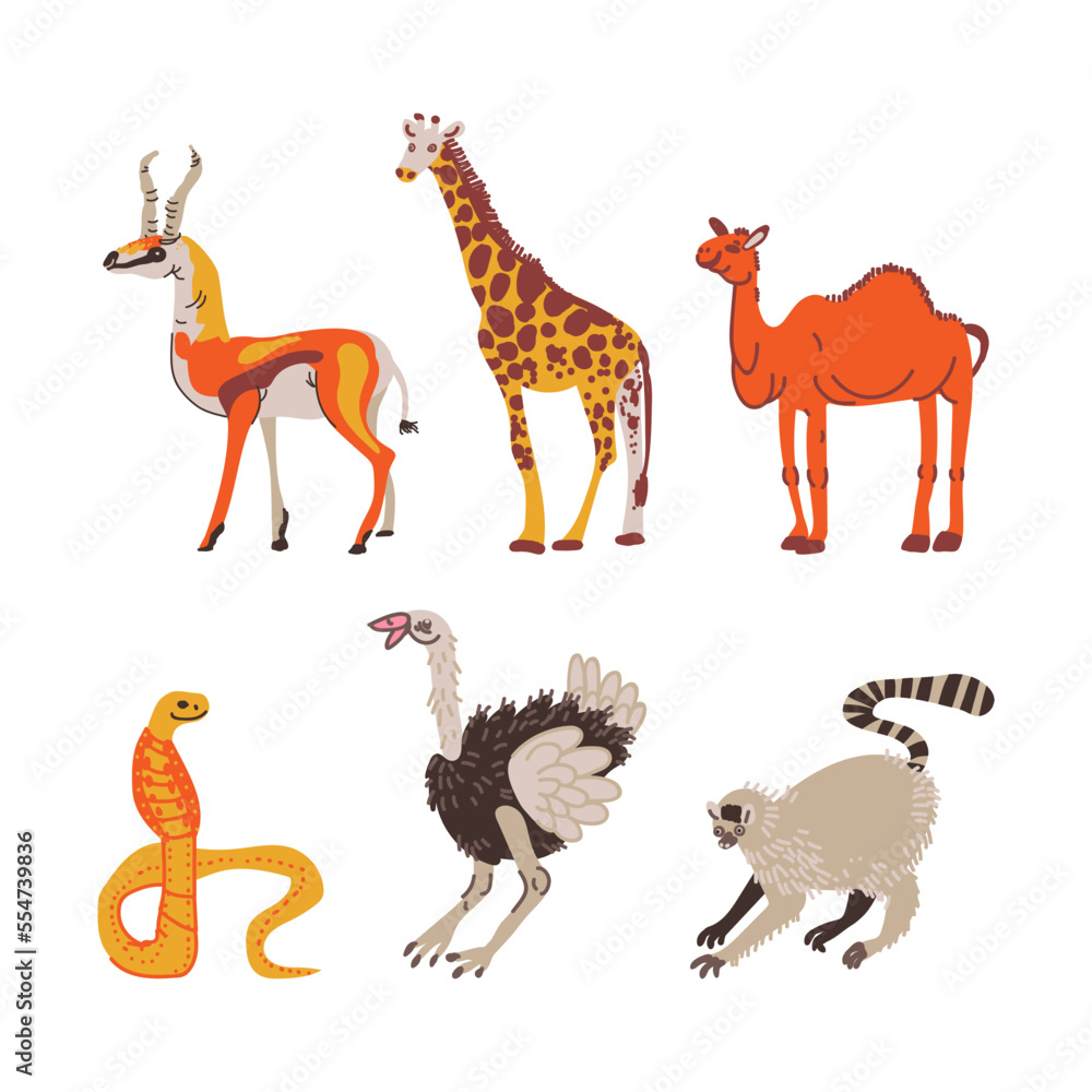 African Animals with Cobra, Giraffe, Camel, Ostrich and Lemur Vector Set