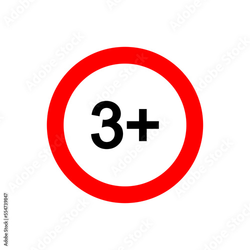 Three plus icon. Number 3 in red circle isolated on white background. Age censor symbol. Kids suitable medicine sign. Cartoon viewing age limit label