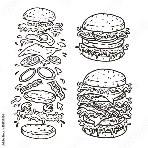 Set of burgers with meat, cheese and vegetable for design of logo or emblem. American fast food or hamburgers for label or poster. USA food ingredients