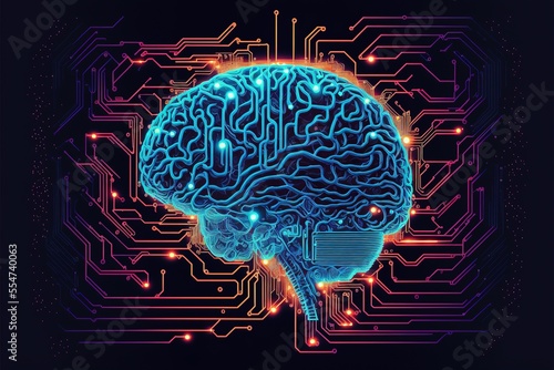 Cyber brain, neon background. Information processing and databases. High-tech data processing and transmission center. AI