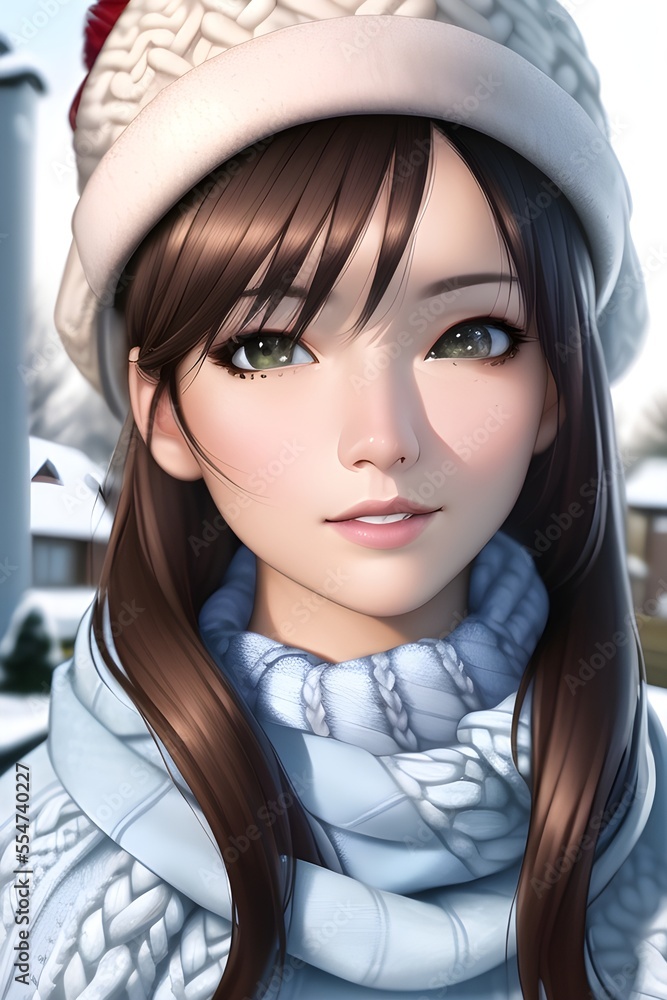 Beautiful woman portrait in front of a winter christmas tree Knit Turtleneck fleece Hat scarf in anime style digital painting illustration Beautiful woman portrait in front of a winter christmas tree Knit Turtleneck fleece Hat scarf in anime style digital painting illustration