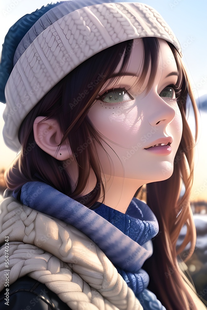 Fototapeta premium Beautiful woman portrait in front of a winter christmas tree Knit Turtleneck fleece Hat scarf in anime style digital painting illustration