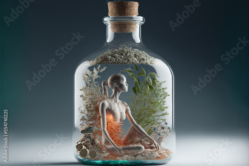 Natural herbal medicine, composition. Treatment with herbs.Conceptual image, bottle and herbs, body. (Generative AI)
