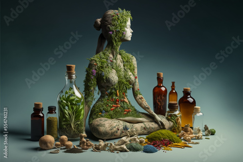 Natural herbal medicine, composition. Treatment with herbs. Herbs for weight loss, concept (Generative AI) photo