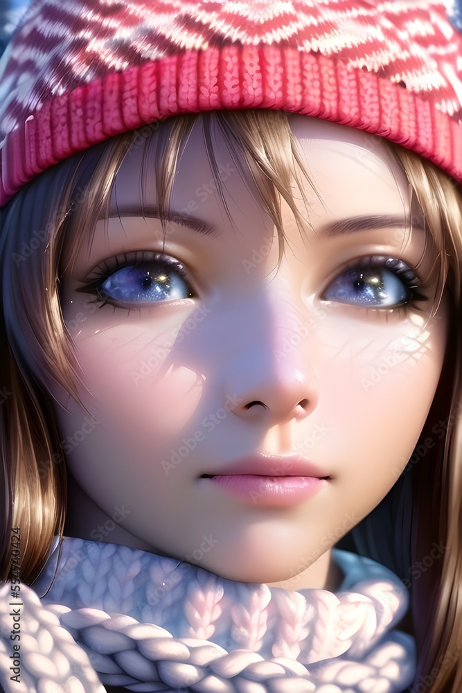 Fototapeta premium Beautiful woman portrait in front of a winter christmas tree Knit Turtleneck fleece Hat scarf in anime style digital painting illustration