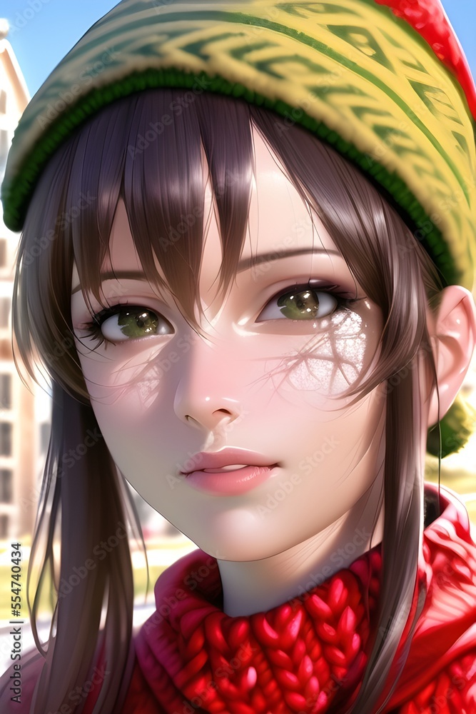 Obraz premium Beautiful woman portrait in front of a winter christmas tree Knit Turtleneck fleece Hat scarf in anime style digital painting illustration