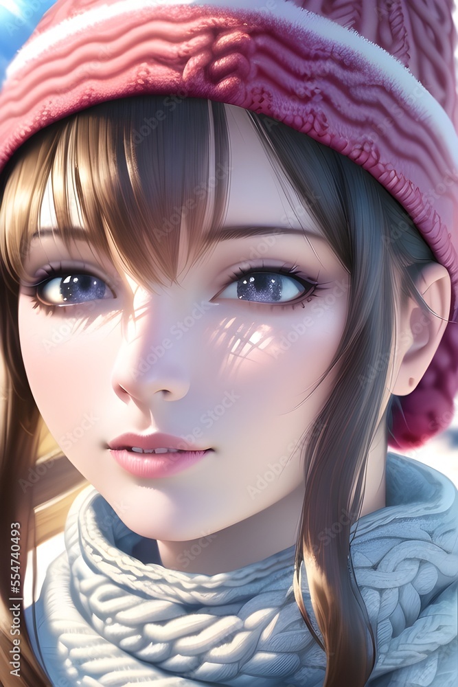 Fototapeta premium Beautiful woman portrait in front of a winter christmas tree Knit Turtleneck fleece Hat scarf in anime style digital painting illustration