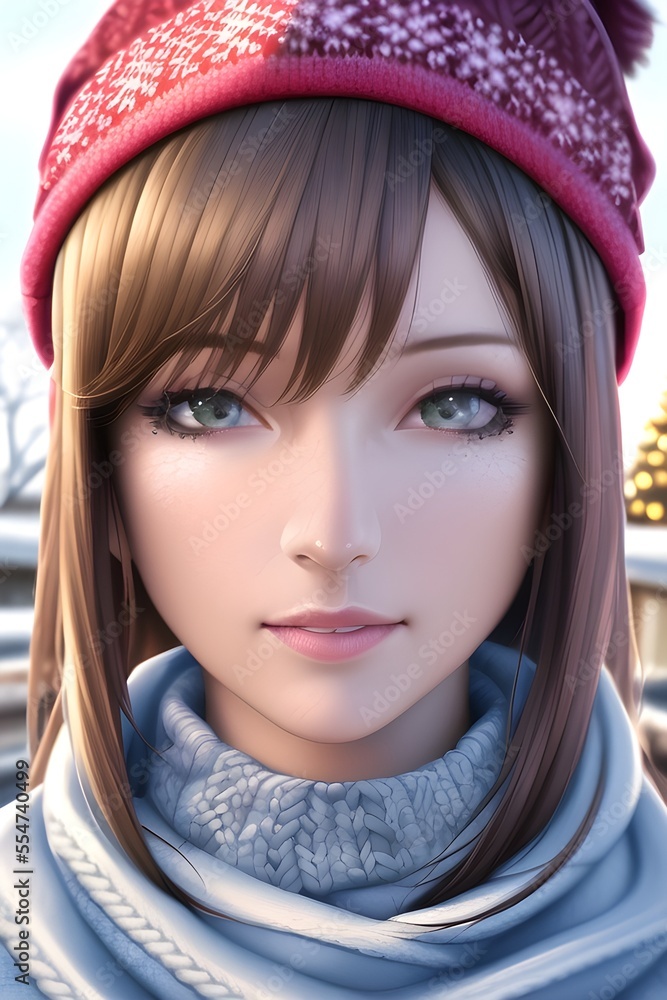 Beautiful woman portrait in front of a winter christmas tree Knit Turtleneck fleece Hat scarf in anime style digital painting illustration Beautiful woman portrait in front of a winter christmas tree Knit Turtleneck fleece Hat scarf in anime style digital painting illustration