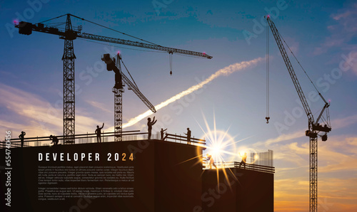 Black silhouette of staff works as a team to prepare to welcome the New Year 2024. Business in the New Year 2024. Silhouette of construction worker with crane. Developer Vector illustration.
