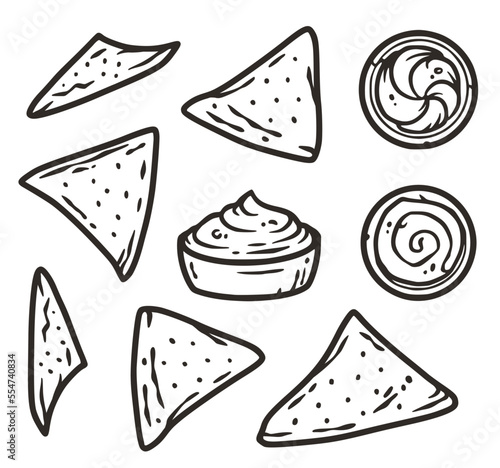 Nachos with guacamole for design. Nacho latin fast food. Traditional mexican food with chips and salsa souce for poster or banner