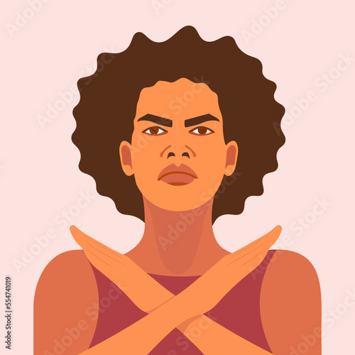 Protest, ban, refusal and rejection sign. Break the bias campaign. Frustrated young woman folded her arms in protest. Women's Movement. Vector illustration