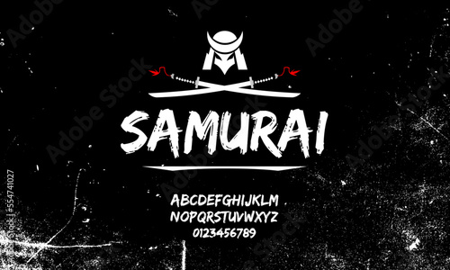Vector handwritten brush font. Japanese style font. Japanese character of love. Retro ABC. Handmade Asian alphabet. English letters and numbers. Original Design. Vector illustration