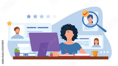Vector illustration of hr manager. Cartoon scene with a girl who selects people for work and considers which is best suited on white background.