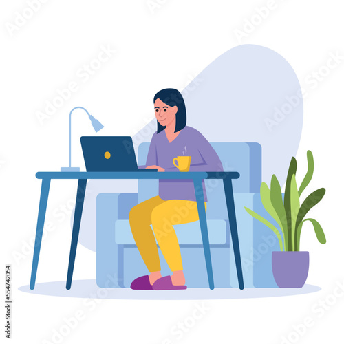 Vector illustration of a girl with a laptop. Cartoon scene with a girl who sits on an armchair and works on laptop and pet coffee on white background.
