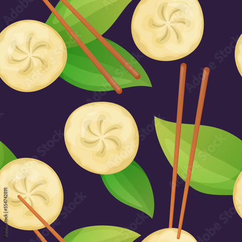 Chinese Dumplings with chopsticks seamless pattern in cartoon style. Asian food. Colorful vector illustration.