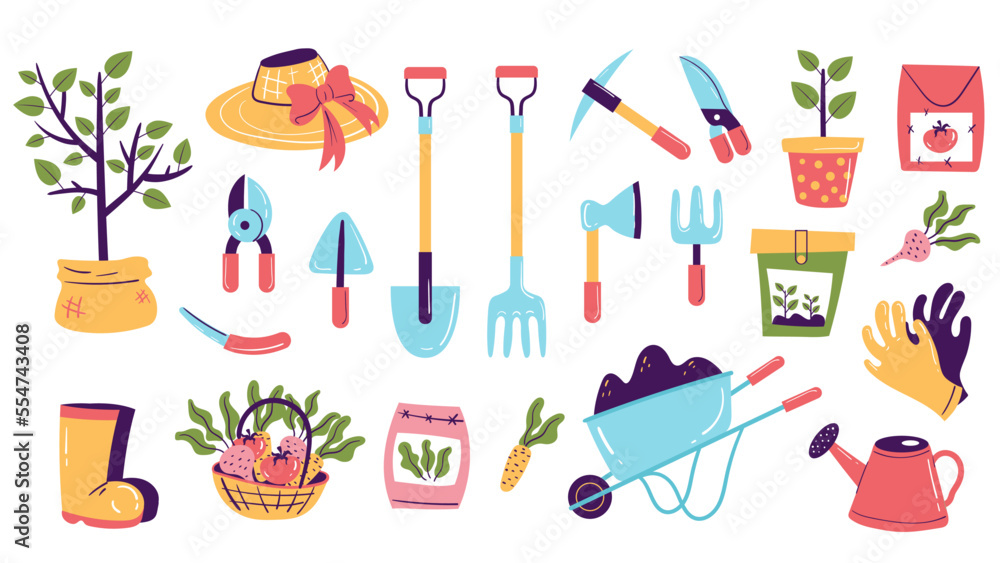 Agriculture garden tools farmer working gardening abstract concept set. Vector graphic design element illustration Agriculture garden tools farmer working gardening abstract concept set. Vector graphic design element illustration