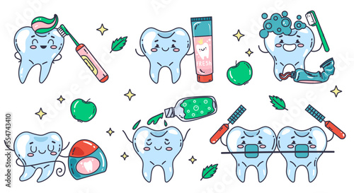 Dental tooth care teeth characters brush abstract concept set. Vector graphic design illustration element