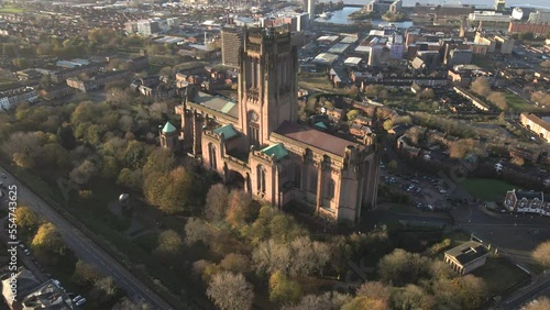 Liverpool Cathedral in England by Drone at Sunrise