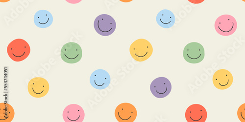 Diverse colorful happy face seamless pattern illustration. Multi color rainbow cartoon character faces in funny children doodle style. Friendly community or kid group background concept.